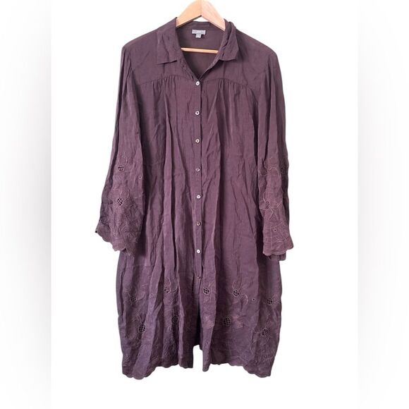 J. Jill Dresses & Skirts - J. Jill Chocolate Brown Embroidered Eyelet Floral Button Down Shirt Dress Sz L